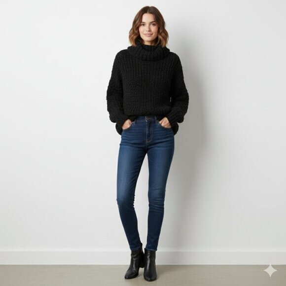 Women's Wolf & Cecil Merino Wool Chunky Knit Sweater Turtleneck Black Cutout - Picture 4 of 16